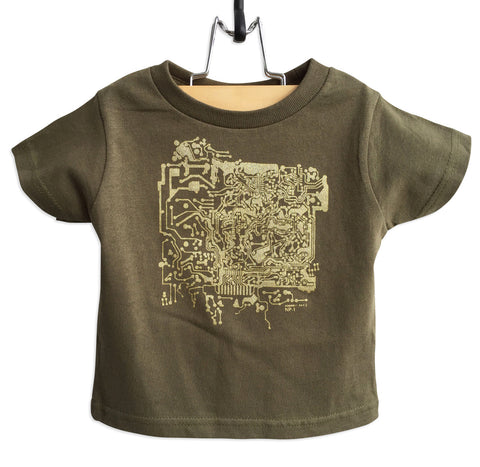 Circuit Board Toddler T-Shirt, gold print on black. Well Done Goods