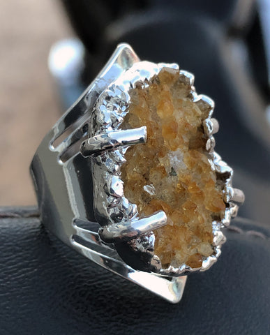 Citrine Crystal Cluster Adjustable Ring, silver