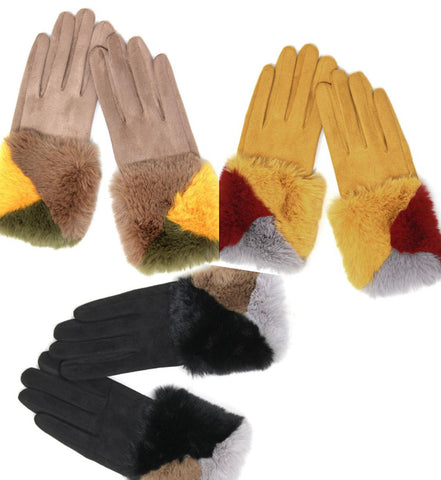 Colorblock Fur Trimmed gloves, Faux Fur Women's Gloves