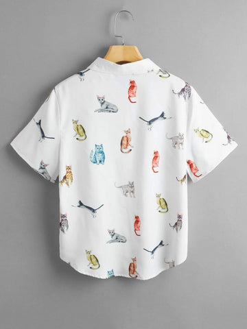 Colorful Cat High Low Button Up Shirt, Fun Kitty Shirt! Women's