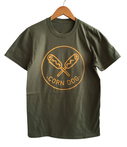 Corndog Print T-Shirt, mustard on olive. Well Done Goods by Cyberoptix