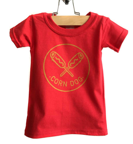 Corndog Print Toddler T-Shirt, mustard on red. Well Done Goods