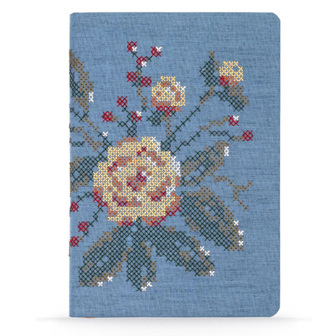 Cross Stitch Flowers Embroidered Hardcover Notebook, Blue. by Denik