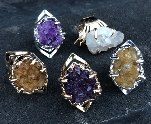 Natural Amethyst Druzy Cluster Ring – Freedom Shape, Gold Plated, Adjustable, Size 8