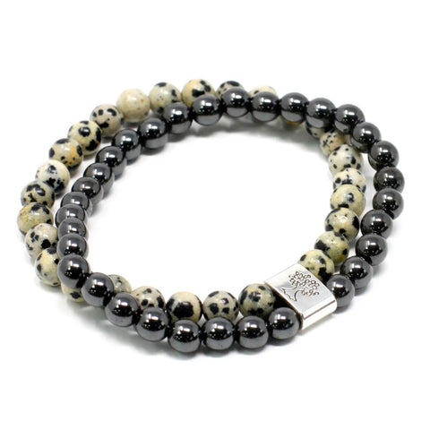 Dalmatian Jasper and Hematite, Double Strand Stone Bead Mala Stretch Bracelet