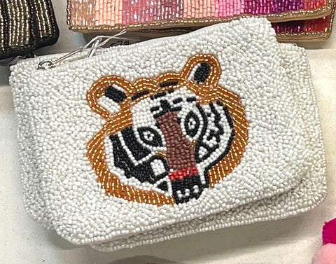 Derpy Tiger Beaded Coin Purse. Beaded Change Purse, Zipper Pouch