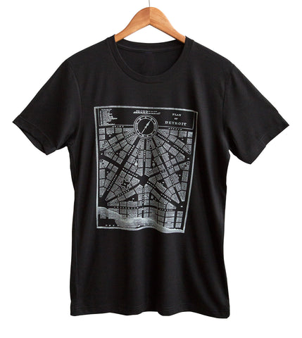 Detroit 1800s Map Plan Ice on Black Adult T-Shirt, Well Done Goods