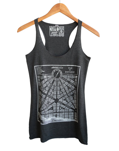Detroit 1800s Map Plan White on Heather Charcoal Women's Tank Top, Well Done Goods