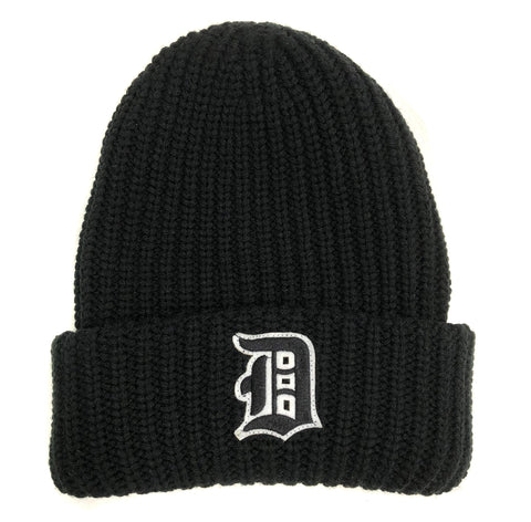 Old English D Chunky Knit Beanie. Detroit D Patch Beanie Cap. Black with cuff