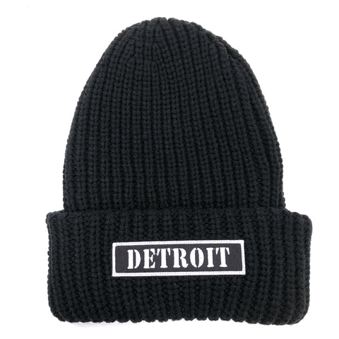 Detroit Chunky Knit Beanie, Biker Style Patch Beanie Cap. Black with cuff