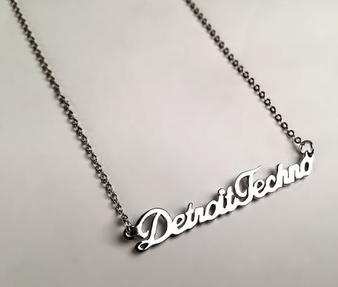 Detroit Techno script nameplate necklace, silver. By well done goods