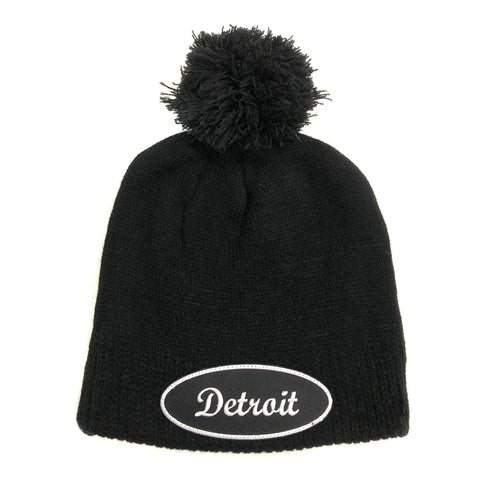 Detroit Patch Beanie. Oval Patch Toque, Black Brimless Skullcap w/ Pom-Pom