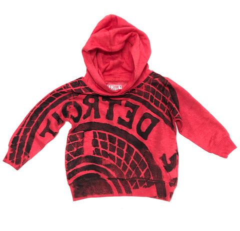 Manhole Cover Hoodie, Toddler Size. Heather Red Detroit Tire Print Kid's Pullover Sweatshirt