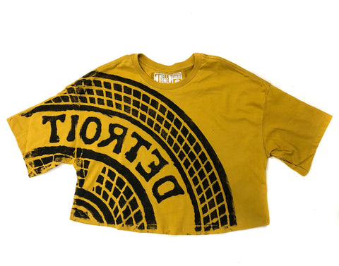 Manhole Cover Women's Cropped T-Shirt. Detroit Tire Print, Mustard Crop Top