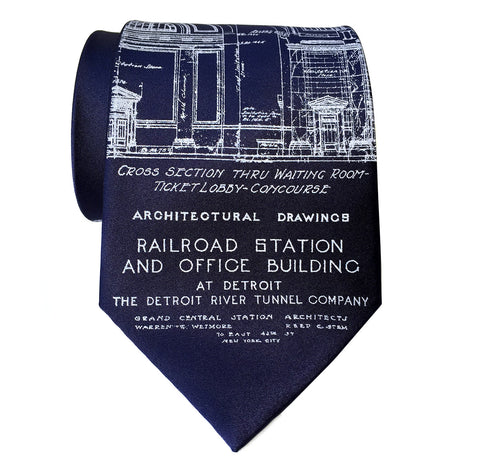 Navy Blue Detroit Blueprint Tie, MCS Train Station Necktie. Cyberoptix Tie Lab