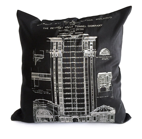 Detroit Train Station Throw Pillow, Black and white. Well Done Goods
