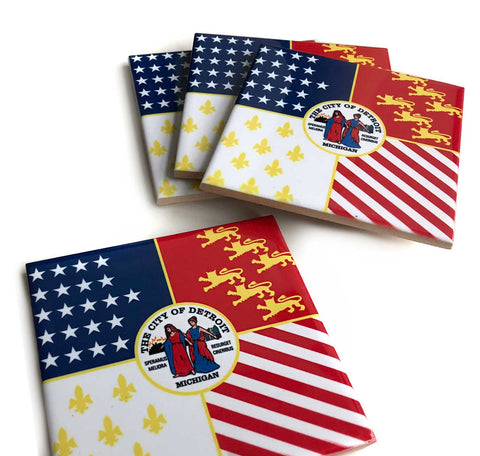 Detroit City Flag Decorative Tiles, Ceramic Drink Coasters. Well Done Goods