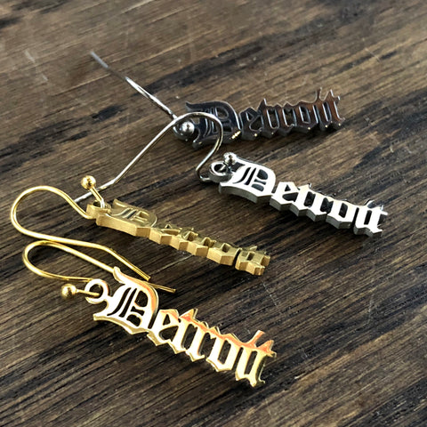 Old English Detroit Script Dangle Earrings, gold and silver