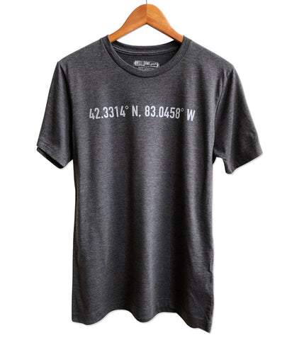 Detroit GPS Coordinates T-Shirt. Pale Grey on heather charcoal. Well Done Goods