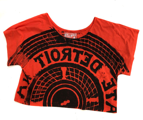 Manhole Cover Women's Cropped T-Shirt. Detroit Tire Print, Poppy Red