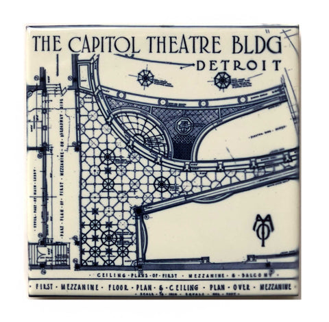Capitol Theatre Blueprint Decorative Tile, Ceramic Drink Coaster