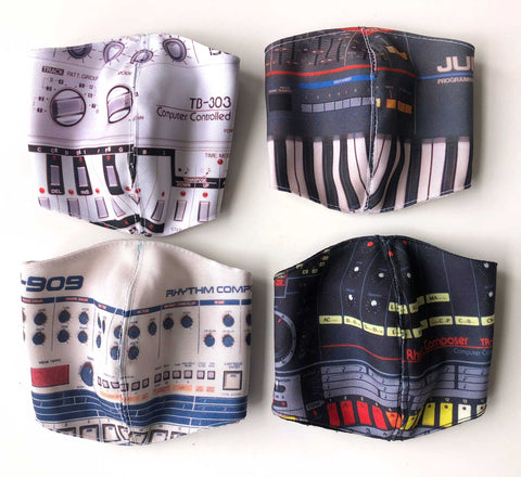 Vintage Synth, Drum Machine Adjustable Cloth Face Covers. Set of 4, Hand Made in Detroit, USA