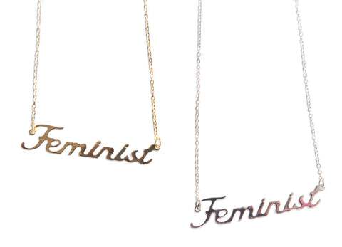 Feminist Script Necklace Pendant, by Well Done Goods