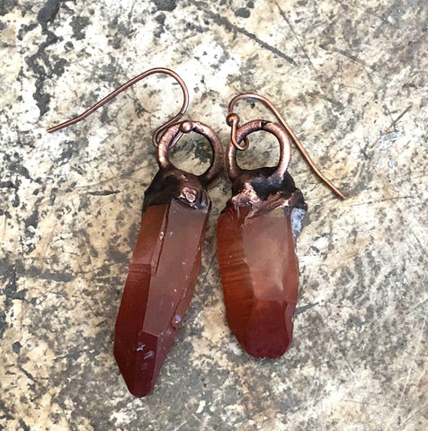 Red Quartz Crystal Electroformed Earrings, Hematoid Quartz