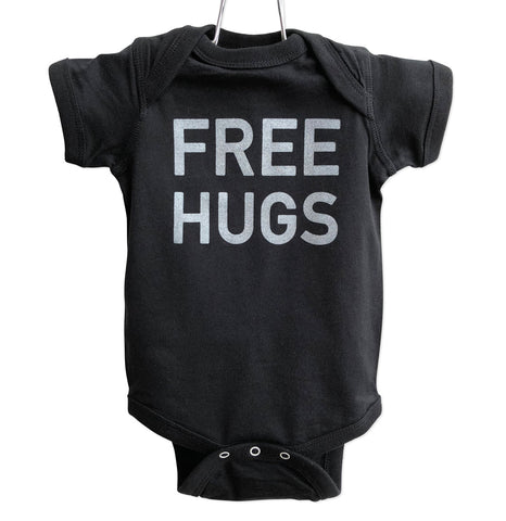 Free Hugs Baby Snapsuit, Pale Grey on Black, Well Done Goods
