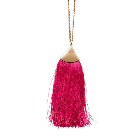 Fuchsia Tassel Pendant Necklace, Brass Triangle Accent, Well Done Goods