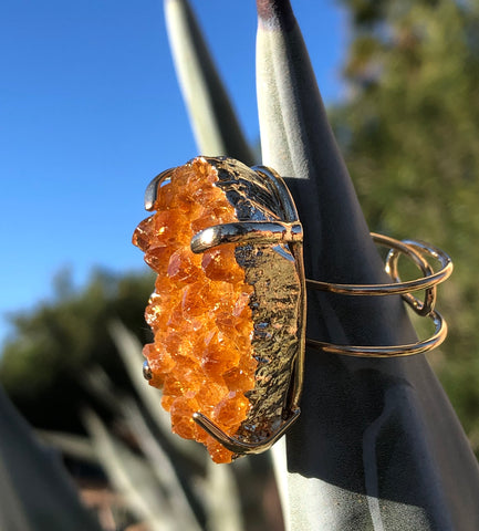 Large Citrine Geode Cluster Raw Stone Adjustable Ring, Silver or Gold Electroplate