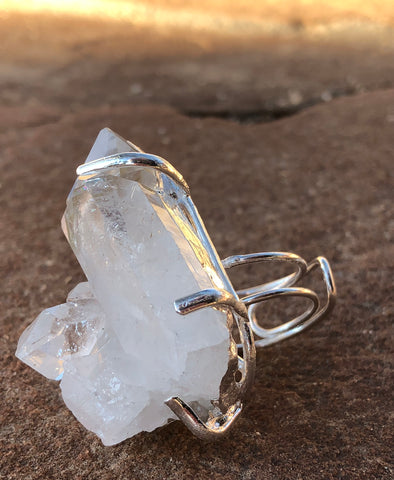 Large Quartz Crystal Cluster Raw Stone Adjustable Ring, Silver or Gold Electroplate