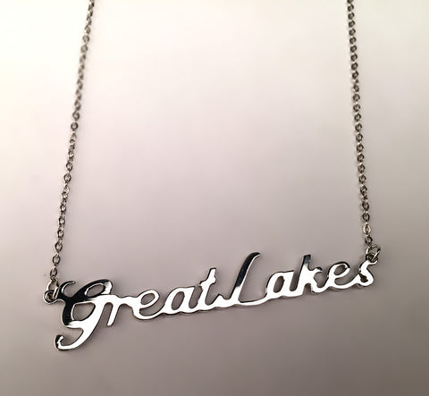 silver Great Lakes Script Nameplate Necklace, by Well Done Goods