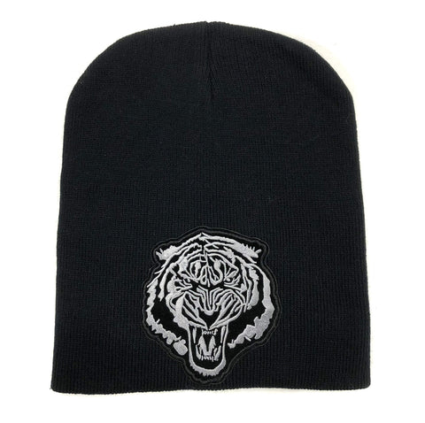 Monochrome Tiger Patch Skullcap, Black Cuffless Beanie. Grey Tiger Head