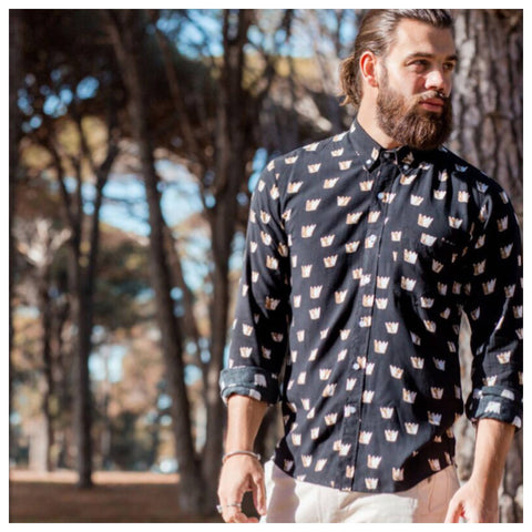 Crown Print Long Sleeve Button-up Shirt, Black Crown Shirt, by Well Done Goods