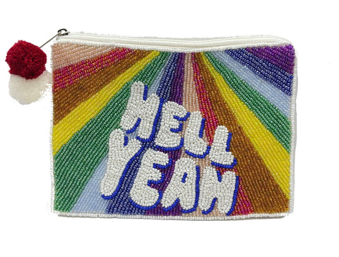 Hell Yeah Large Beaded Coin Purse. Rainbow Beaded Change Purse, Zipper Pouch