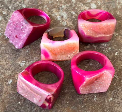 Hot Pink Agate Druzy, Chunky Raw Stone Ring