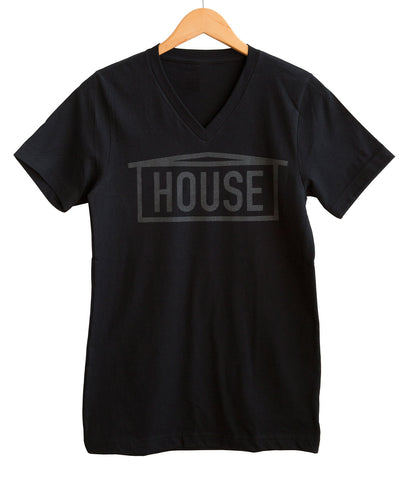 HOUSE Text Print Dark Black Pearl on Black V-Neck T-Shirt, Well Done Goods
