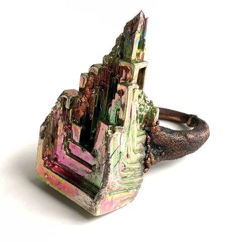 Bismuth Crystal Ring, Electroformed Copper Thin Band - size 7.5