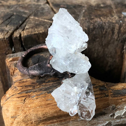 Clear Quartz Crystal Cluster Rings, Thin Electroformed Copper Band