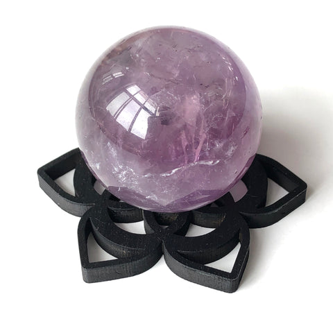 Lotus Flower Small Wood Sphere Stand, Crystal Specimen Stand - with amethyst