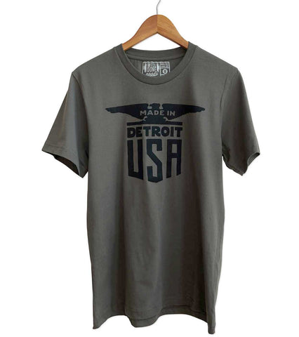 Made In Detroit USA T-Shirt, black on army green. Well Done Goods