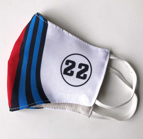 Shaken & Stirred. Racing Livery Fitted Two Layer Cloth Face Cover, Hand Made in Detroit, USA