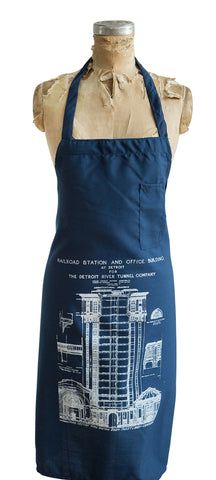Detroit Train Station Blueprint White on Navy Chef Apron, Well Done Goods