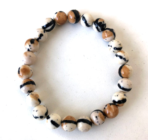 Zebra Stone Bead Mala Bead Bracelet, Black & White Onyx