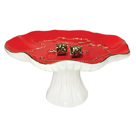 Red Mushroom Pedestal Trinket Dish, Ceramic Serving Dish