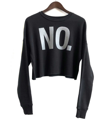 No., Text Printed Women's Cropped Black Crew Neck Sweatshirt