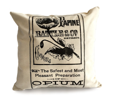 Opium Apothecary Label Throw Pillow, Poppy Print. Well Done Goods by Cyberoptix