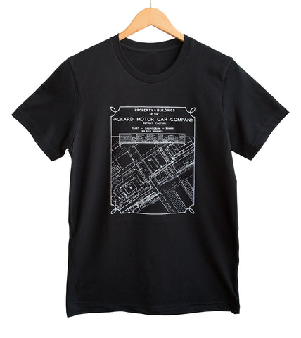 Packard Plant Engineering Blueprint White on Black T-Shirt, Well Done Goods
