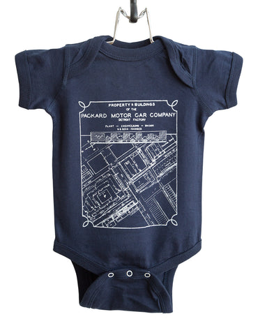 Packard Plant Engineering Blueprint White on Navy Baby Snapsuit, Well Done Goods